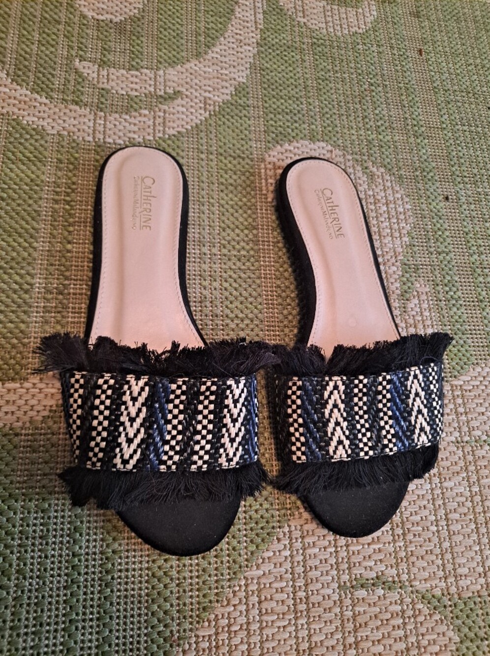 Catherine Malandrino Black, Blue, And White Woven Fringe Slide Mules